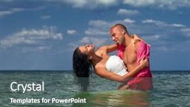  Presentation with married couple - Presentation enhanced with romantic newly-married couple enjoying a summer vacation young groom holding his bride in sea background and a gray colored foreground