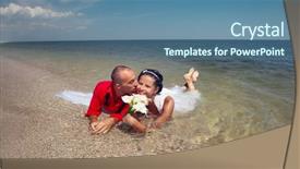  Presentation with married couple - Cool new slide deck with romantic newly-married couple enjoying a summer vacation young groom holding his bride in sea backdrop and a ocean colored foreground