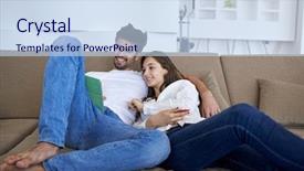  Presentation with romantic - Slide deck with romantic relaxed young couple at modern home using tablet computer background and a sky blue colored foreground