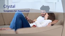  Presentation with romantic - Beautiful presentation design featuring romantic relaxed young couple at modern home using tablet computer backdrop and a sky blue colored foreground
