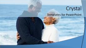  Presentation with romantic beach - Beautiful presentation theme featuring romantic senior couple hugging backdrop and a light blue colored foreground