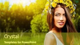  Presentation with summer flowers - Presentation theme consisting of romantic smiling girl in a wreath of wild flowers sitting on the lawn summer life beauty background and a tawny brown colored foreground