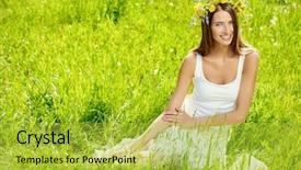  Presentation with summer flowers - Audience pleasing presentation consisting of romantic smiling girl in a wreath of wild flowers sitting on the lawn summer life beauty backdrop and a yellow colored foreground