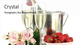  Presentation with pink roses - Colorful presentation theme enhanced with romantic still life with champagne strawberry and pink roses isolated on white backdrop and a white colored foreground