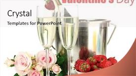  Presentation with pink roses - Slide set featuring romantic still life with champagne strawberry and pink roses isolated on white background and a sky blue colored foreground
