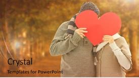  Presentation with winter scene - Slide set having romantic tree leaves shape hearts - happy mature couple in winter background and a coral colored foreground