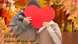 Presentation with winter scene - Beautiful PPT layouts featuring romantic tree leaves shape hearts - happy mature couple in winter backdrop and a coral colored foreground