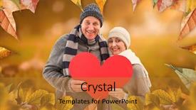  Presentation with winter scene - Presentation design featuring romantic tree leaves shape hearts - happy mature couple in winter background and a gold colored foreground