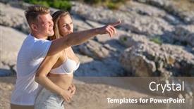  Presentation with romantic beach - Beautiful presentation theme featuring romantic-vacation-young-loving-couple backdrop and a coral colored foreground