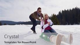  Presentation with winter scene - Presentation theme with romantic winter scene happy young couple having fun on fresh show on winter vacatio mountain nature landscape background and a light gray colored foreground