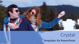 Presentation with winter scene - Slide set enhanced with romantic winter scene happy young couple having fun on fresh show on winter vacatio mountain nature landscape background and a light blue colored foreground