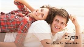  Presentation with romantic beach - Amazing PPT layouts having romantic young couple relaxing on beach backdrop and a coral colored foreground