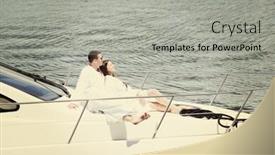  Presentation with yacht - Colorful presentation theme enhanced with romantic young couple spending time together and relaxing on yacht backdrop and a light gray colored foreground