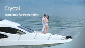  Presentation with yacht - Audience pleasing slides consisting of romantic young couple spending time together and relaxing on yacht backdrop and a teal colored foreground