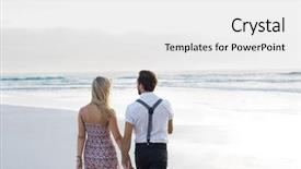  Presentation with young happy couple - Slide deck consisting of romantic young couple walking on the sea shore rear view of happy couple in love at romantic sunset couple holding hands at date background and a white colored foreground