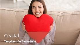  Presentation with romantic - Slides enhanced with romantic young woman with heart-shaped pillow at home background and a coral colored foreground