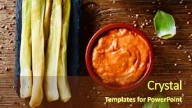  Presentation with dip - Audience pleasing theme consisting of romesco sauce to dip backdrop and a tawny brown colored foreground