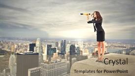  Presentation with career - Slide set consisting of roof top - career woman looking with binoculars background and a coral colored foreground