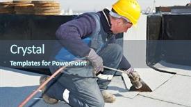 Presentation with roll - Presentation design enhanced with suppl - roofer installing roofing felt background and a ocean colored foreground