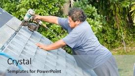  Presentation with shingles roof - Presentation theme featuring roofer installing shingles on roof background and a light blue colored foreground