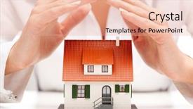  Presentation with hands saving - Slide set consisting of roofing cost - female hands saving small house background and a  colored foreground