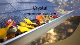  Presentation with roofing shingles - Presentation featuring roofing shingles - rain gutter full of autumn background and a teal colored foreground