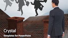  Presentation with businessman standing on mountain top - Theme having roofs with chimney and fog background and a wine colored foreground