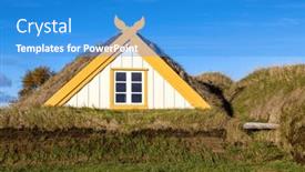  Presentation with house building - Presentation design enhanced with rooftop-of-a-traditional-turf background and a teal colored foreground