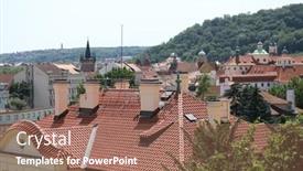  Presentation with prague - Beautiful PPT theme featuring rooftops of prague in the evening backdrop and a coral colored foreground