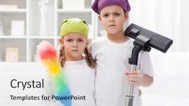  Presentation with room cleaning - Slides featuring room - upset kids with cleaning background and a light gray colored foreground