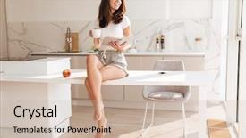  Presentation with coffee book - Colorful slides enhanced with room booking foods - attractive smiling woman holding cup backdrop and a  colored foreground