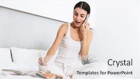  Presentation with mobile home - Presentation theme consisting of room booking foods - beautiful young woman relaxing background and a  colored foreground