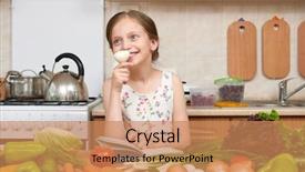  Presentation with healthy food - Colorful PPT theme enhanced with room booking foods - child girl with fruits backdrop and a  colored foreground