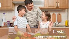  Presentation with children reading - Presentation theme consisting of room booking foods - father and two children reading background and a coral colored foreground