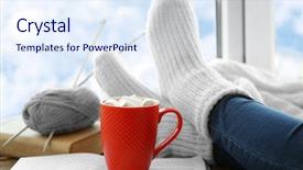  Presentation with cup coffee - Colorful PPT layouts enhanced with room booking foods - human legs in knitted socks backdrop and a sky blue colored foreground