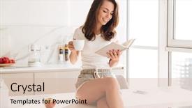  Presentation with reading table - PPT theme featuring room booking foods - smiling attractive woman reading background and a soft green colored foreground