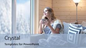  Presentation with snow day - Audience pleasing PPT theme consisting of room by the window winter backdrop and a light blue colored foreground