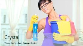  Presentation with room cleaning - Presentation theme having room cleaning woman making background and a sky blue colored foreground