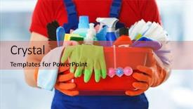  Presentation with tub - PPT layouts featuring room freshener - young janitor holding cleaning products background and a red colored foreground