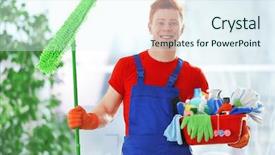 Presentation with office cleaning - PPT theme featuring room freshener - young janitor holding cleaning products background and a sky blue colored foreground