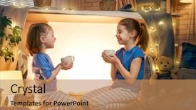  Presentation with play children - PPT theme featuring room girls play tea-party background and a coral colored foreground