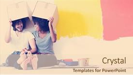  Presentation with young happy couple - Presentation design consisting of room in their new house background and a lemonade colored foreground