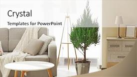  Presentation with tree root - PPT theme having room interior with sofa table background and a white colored foreground