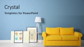  Presentation with blue yellow - Presentation having room interior with yellow sofa background and a light blue colored foreground