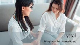  Presentation with doctor family - Presentation theme enhanced with room rates - family doctor check heart rate background and a light gray colored foreground