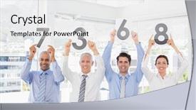  Presentation with rating - Slide set with room rates - smiling business team showing paper background and a  colored foreground