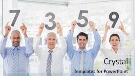  Presentation with paper - Cool new slides with room rates - smiling business team showing paper backdrop and a light blue colored foreground