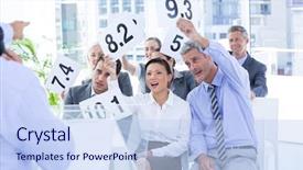  Presentation with rating - Audience pleasing presentation theme consisting of room rates - smiling business team showing paper backdrop and a  colored foreground