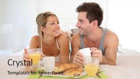  Presentation with breakfast - Cool new slide set with room service - cheerful young couple having breakfast backdrop and a coral colored foreground