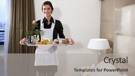  Presentation with breakfast - Colorful presentation enhanced with room service - happy maid carrying breakfast tray backdrop and a light gray colored foreground